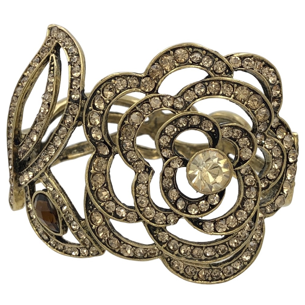 Topaz Color Rhinestone Rose Chunky Statement Hinged Clamp Bracelet